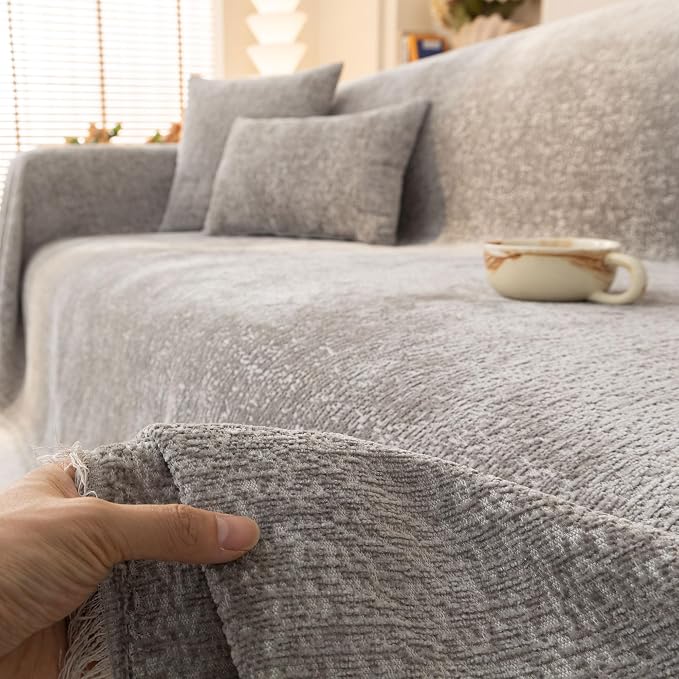 Luxury Grey Soft Durable Chenille Couch Cover for All Shape Sofa Couch Sofa-Bed Slub Furniture Protector Machine Washable, Solid Gray Sofa Slipcover for Dog Pet Kid Large 71x118’’ | for All Shape Sofa Couch, Slub Furniture Protector Machine Washable, G... - Image 8