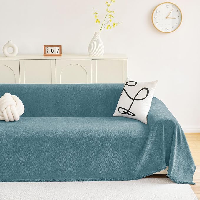 hyha Couch Cover for Dogs, Boho Chenille Sofa Cover for 3 Cushion Couch | Anti-Scratch Washable Sofa Slipcover, Loveseat Sectional Couch Throw Blankets with Tassels (Blue, 88.5x134 Inch) - Image 2