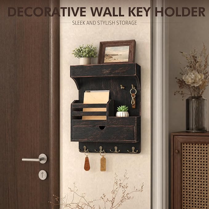 Rebee Vision Key Holder Wall Mount with Shelf for Entryway,Distressed Black | Pine Wood, Key Holder for Wall, 6 Key Hooks, Shelf, Plant Display, Drawer Organizer, Mail Organizer, Home Decor Aesthetic - Image 6