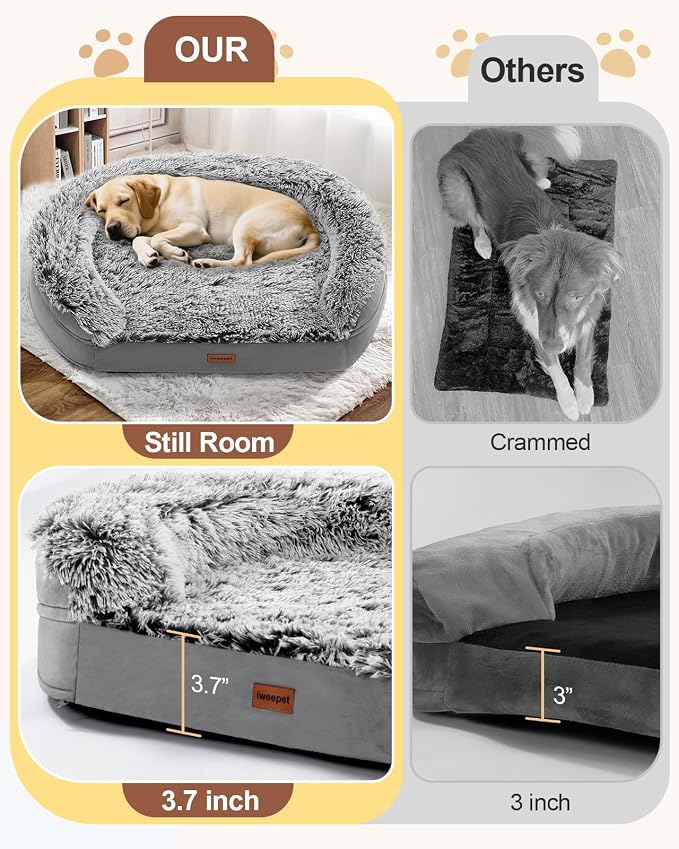 iweepet Fluffy Calming Jumbo Orthopedic Dog Beds for Extra Large Dogs, Supportive Dog Sofa Bed with 3.7 inch 28D Egg-Crate Foam, Removable Washable Plush Cover, Waterproof Lining, 48’’,Grey - Image 3