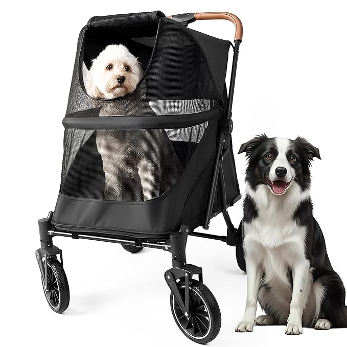 Premium Large Dog Stroller for Pets up to 55lbs, Dog Stroller for Medium Dogs, All-Terrain pet Stroller with Carbon Steel Frame & Breathable Mesh, Black & Grey (Large)