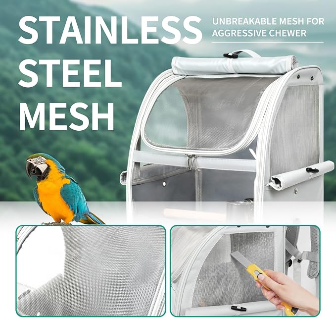 Bird Carrier Bag, Bird Travel Cage with Standing Perch and Indestructible Stainless Steel Mesh, Protable Transparent Breathable Carrier with Feeder Cups for Small Birds Parrot Parakeet, Grey - Image 3