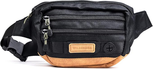 Wilderdog Utility Fanny Pack stores Treats, Balls, Keys in 3 Pockets with adjustable strap and Poop Bag dispenser (Black) by WILDERDOG