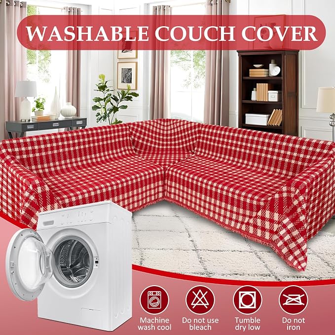 1OO% Waterproof Sectional Couch Covers for Dogs L Shaped Corner Sofa Cover Washable Chenille Sofa Slipcovers Blanket Modern Jacquard Pet Furniture Protector (91"x276", Red Checkered) - Image 8