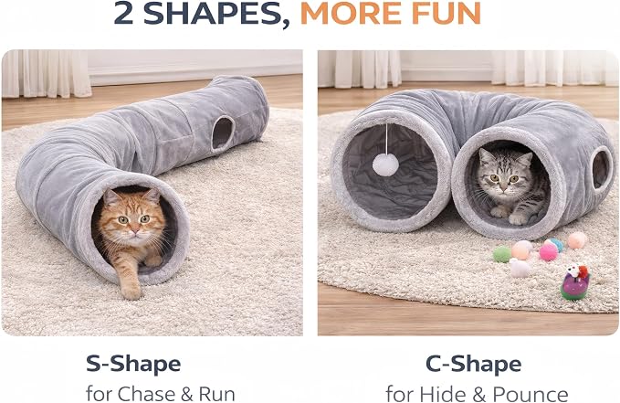 Cat Tunnel for Indoor Cats, Collapsible Cat Play Tunnel Toy | S-Shaped Tunnel, Peephole & Hanging Ball, Foldable Storage, 10.2" Opening for Kittens and Indoor Cats - Image 3