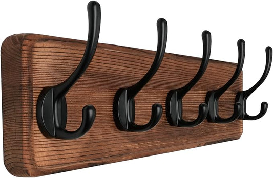 SKOLOO Rustic Wall Mounted Coat Rack with 16 Inch Mounting Hole Distance, Pine Solid Wood Coat Hook Hanger - 5 Hooks for Hanging Clothes Robes Towels Coats by SKOLOO