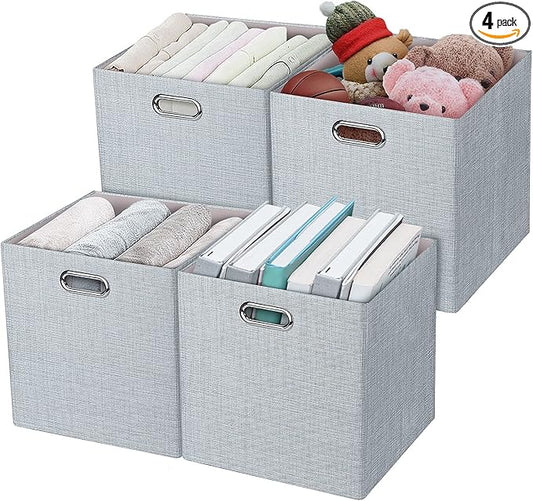 Posprica 3X Thicker Fabric Storage Cubes 13 inch Collapsible Storage Bins for Organization, Cubby Storage Baskets for Organizing Shelf Cabinet Bookcase Boxes, Set of 4, Silver Grey by Posprica