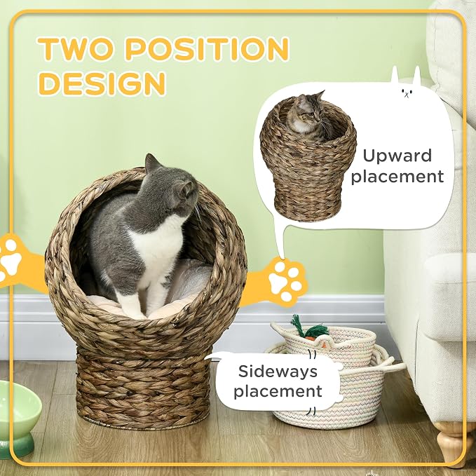 PawHut Handwoven Elevated Cat Bed with Soft Cushion & Egg Chair Shape, Basket Bed Kitty House with Stand, Raised Wicker House for Indoor Cats, 20" H, Gray | Soft Cushion & Egg Chair Shape, Basket Bed Kitty House with Stand, Raised Wicker House - Image 3