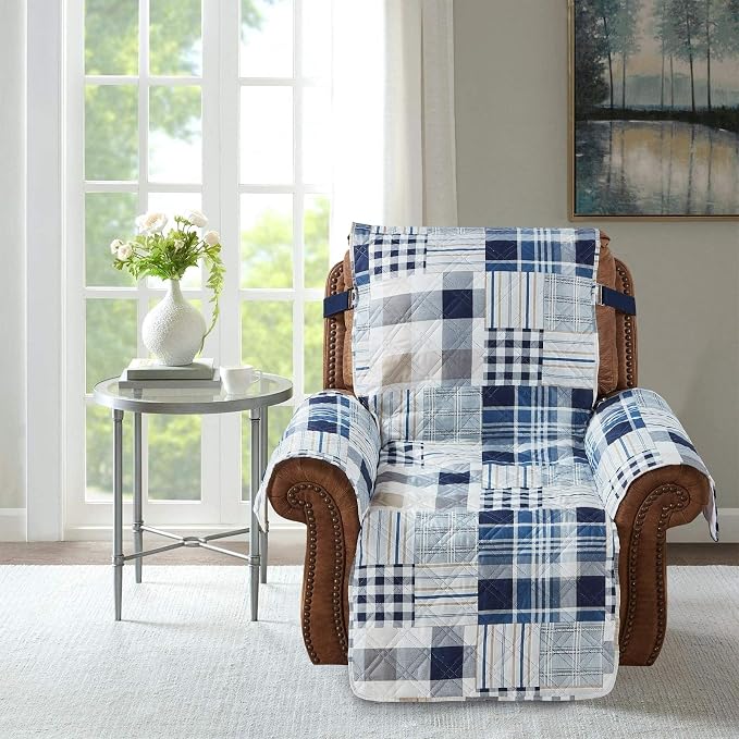 Brilliant Sunshine Blue Plaids & Stripes Couch Recliner Cover, 26" seat | Patchwork Design, Non Slip Sofa Cover, Quilted Furniture Protector, Washable Reclining Chair Slipcover for Pets, Dogs - Image 2