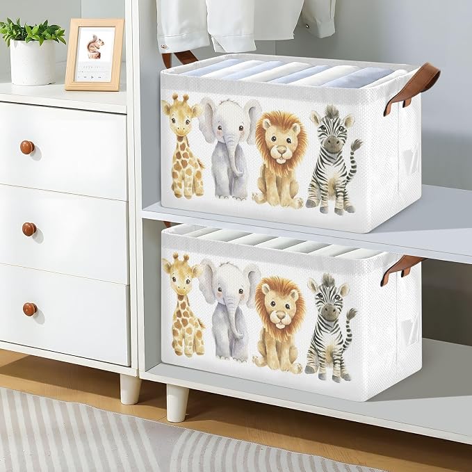 Watercolor Jungle Animal Cute Wildlife Storage Basket for Baby with Handles&Label Rectangular Waterproof Nursery Storage Bins Collapsible Organizer Baskets for Kids Cloth Gift Toys Laundry Shelf - Image 2