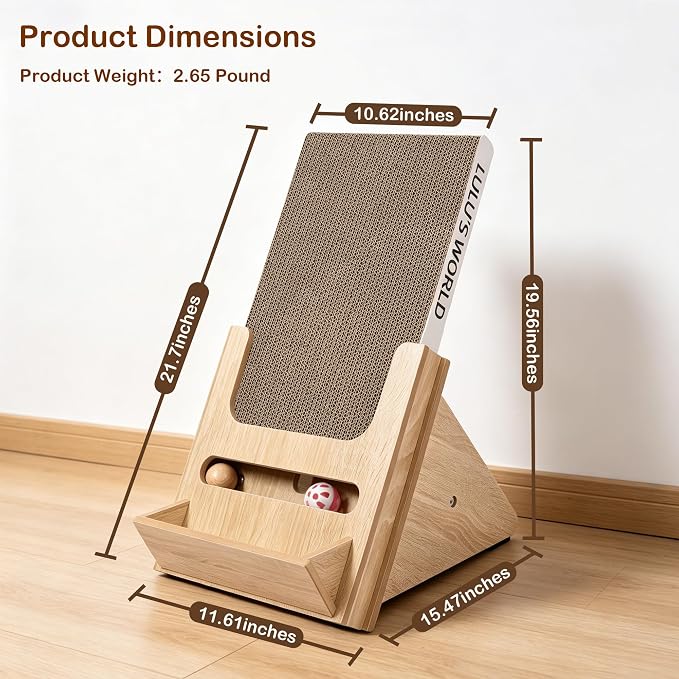 Lulu's World Cardboard Cat Scratcher with Wooden Stand, Freestanding Vertical Cat Scratching Board with Replaceable Double-Sided Scratch Pad, Ball Toy and Debris Tray for Indoor Cats,Long-termism - Image 8