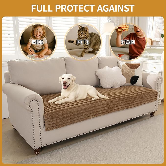 Deep Dream Waterproof Couch Cover for Dogs, Non Slip Pet Couch Covers for Sofa, Soft Faux Fur Sofa Cover, Washable Furniture Protector for 3 Cushion Couch (Khaki, 35" x 82") - Image 4