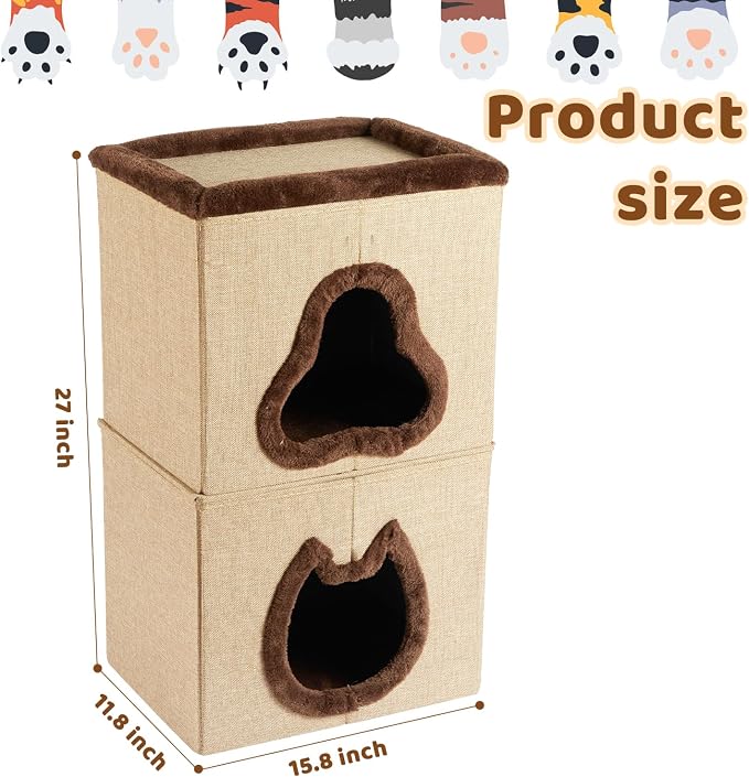 2-Tier Cat House for Indoor Cats Bed, Covered Cat Beds with Hideaway Cave and Scratch Pad, Foldable Modern Cat House for Multi Small Pet Large Kitten Kitty - Image 2