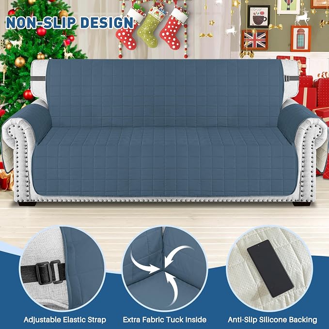 MAXIJIN Waterproof Couch Covers for 3 Cushion Couch Sofa Pet Friendly, 69" Quilted Sofa Covers Washable Dog Couch Cover Protector with Elastic Strap & Side Pocket (Sofa, Berlin Blue) - Image 4