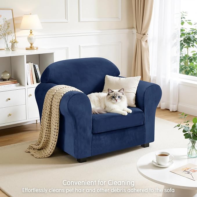 CHUN YI 2 Piece Velvet Armchair Cover Couch Covers 1 Cushion, Water Resistant Chair Slipcover with Arms, Non Slip High Stretch Thick Furniture Protector for Dogs Pets, Small, Navy - Image 7