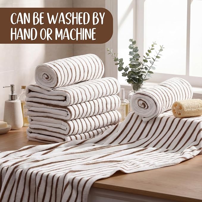 SmoothNovelty 16 Pack Microfiber Bath Towels Bulk 27'' x 60'' Oversized Size Bath Towel Highly Absorbent Extra Large Soft Drying for Beach Shower Summer Salon Sport Gym Party (Stripes,Khaki) - Image 4