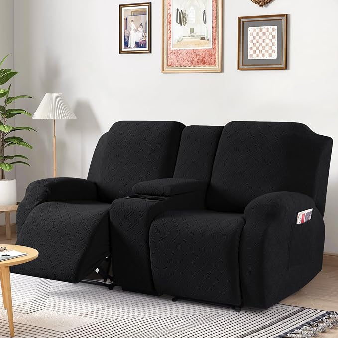 VANSOFY Recliner Loveseat Cover with Middle Console Stretch Reclining Sofa Slipcover for 2 Seat Jacquard Reclining Couch Sofa Covers Furniture Protector with Elastic Straps Bottom (Black) | 4-Pieces, Soft Furniture Protector, Washable Slipcover with Po... - Image 7