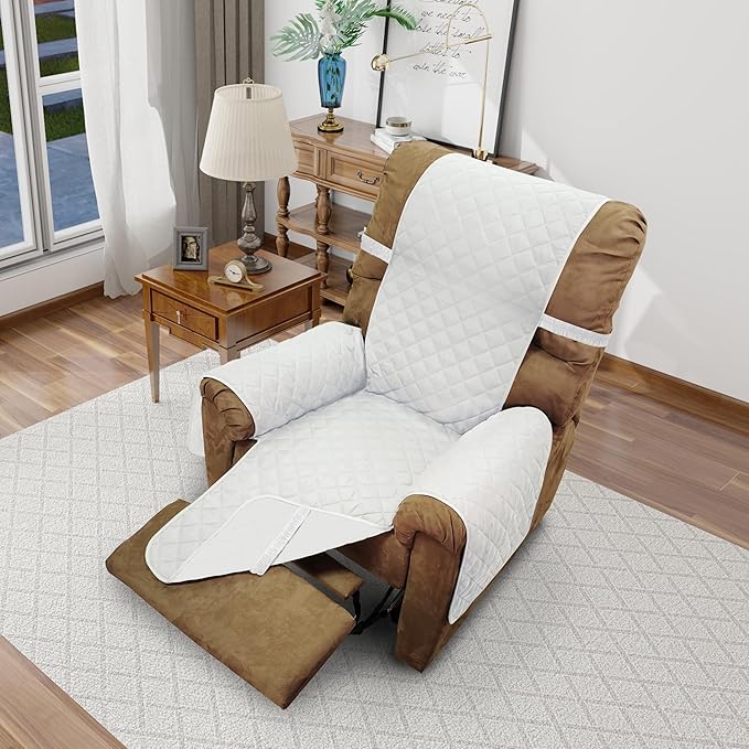 Reversible Chair Covers for Recliner Oversized, White/White | Recliner Oversized Covers for Living Room with Elastic Straps, Water Repellent, Chair Protectors Covers for Dogs by LuxshareHome