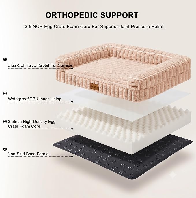 Orthopedic Calming Medium Dog Bed Pet Sofa Bed 30''X20'' Beige | 3-Sided Pet Couch Medium Size Dog, Soft Egg-Crate Foam Dog Mat, Waterproof Removable Washable Cover, Nonskid Bottom Cat Bed - Image 5