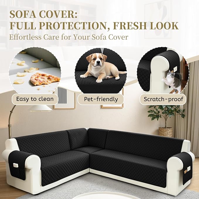 Sectional Couch Covers for Dogs 100% Waterproof Corner L Shaped Sofa Cover Pet Friendly Velvet Washable Anti Slip L Shape Modular Sofa Slipcover Protector with Pockets (Black, XL Plus) - Image 4