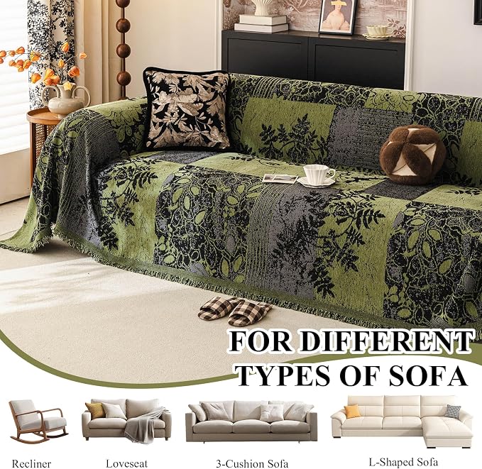 STACYPIK Vintage Patchwork Couch Covers for Pets Jacquard Green Sofa Cover | Boho Botanical, Pet Friendly, Furniture Protector for 2 Cushion Couch, Multi-Use Loveseat Couch Throw Slipcover-71X118IN - Image 6