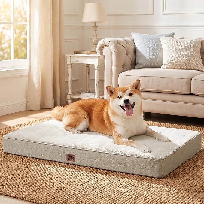 EHEYCIGA Large Memory Foam Dog Crate Bed Washable, 35x23Inch, Beige | High Density Egg Crate Foam, Waterproof Liner, Removable Easy Clean Cover, Non-Slip Bottom, Fits Crate, Floor and Sofa - Image 8
