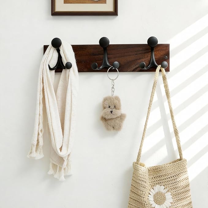 SKOLOO 17-Inch Walnut Wood Coat Rack Wall Mount with 3 Triple Hooks - Ideal for Family Entrances, Classrooms, and Pet Supplies Storage - Perfect Coat Hooks for Wall - Image 2