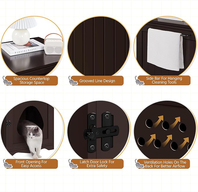 Yaheetech Cat Litter Box Enclosure, Litter Box Furniture Hidden with Towel Bar, Wooden Pet Washroom, Dog Proof Cat Litter Box Cabinet, Indoor Pet House, Side End Table, Espresso - Image 3