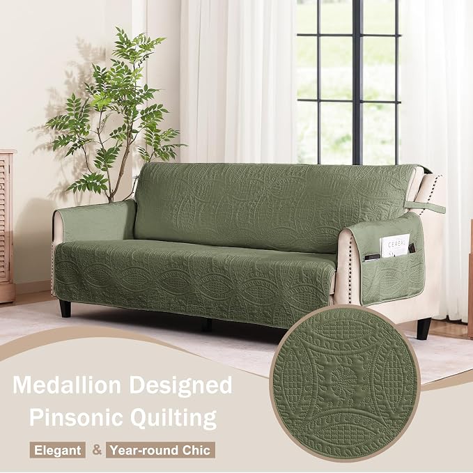 Olive Green Loveseat Covers for 2 Cushion Couch, Water-Repellent Slip Covers for Sofa, Washable Love Seat Quilted Couch Cover, Pet Friendly Loveseat Slipcovers (Loveseat 48", Olive Green) - Image 8