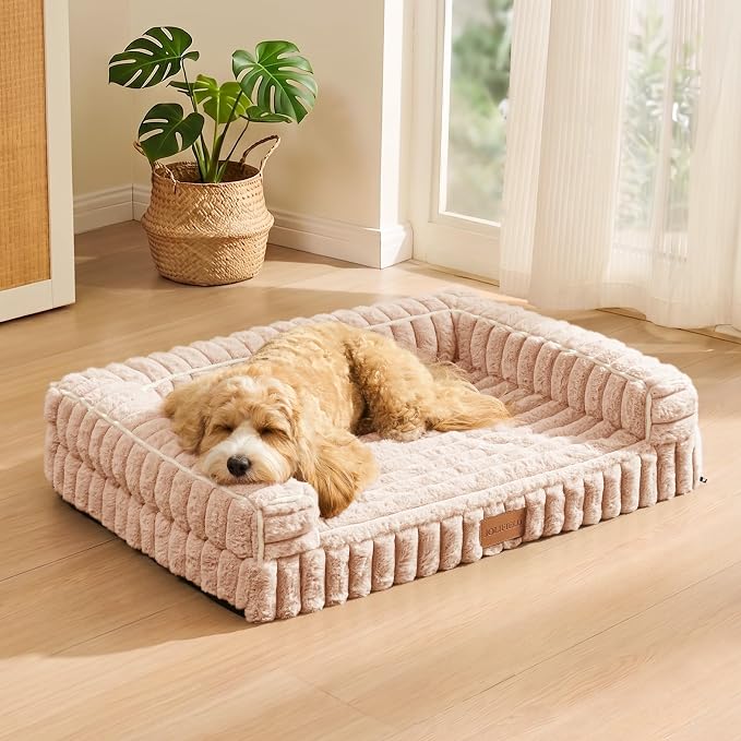 Orthopedic Calming Medium Dog Bed Pet Sofa Bed 30''X20'' Beige | 3-Sided Pet Couch Medium Size Dog, Soft Egg-Crate Foam Dog Mat, Waterproof Removable Washable Cover, Nonskid Bottom Cat Bed by Unknown