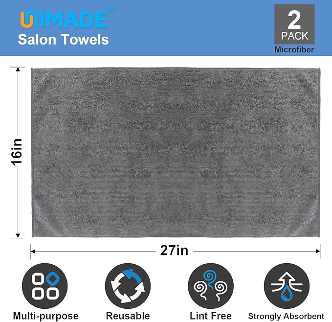 UNIMADE 2 Pack Gym Towels Set - Microfiber Salon Towels | Highly Absorbent and Quick Drying Premium Hand Cloths for Bathroom, Gym, Shower, Hotel, and Spa - 16x27 inch (Grey) - Image 2