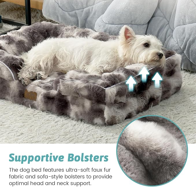 COZY KISS Orthopedic Dog Bed for Medium Small Size Dog, Soft and Warm Faux Fur Sofa for Pet Up to 40 lbs, Foam Bolster Anti-Slip Couch with Washable Removable Cover, M 30x20x6.5 inch, Tie Dye Grey - Image 4