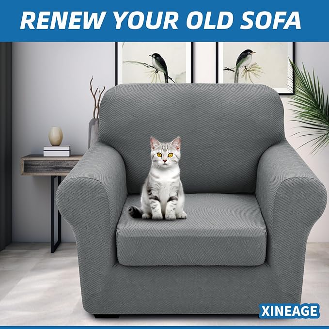 XINEAGE 2026 New 2 Pieces Chair Covers with Arms Super Stretch Chair Slipcover for Living Room Pet Dog Universal Slip Cover Anti Slip Armchair Furniture Protector (Light Gray), 31"-46"(1 Cushion) - Image 4