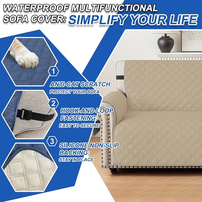 Waterproof Couch Cover for Pets, Sofa Covers for 3 Cushion Couch Washable, Non Slip Couch Covers for Dogs with Side Pockets Elastic Straps, Quilted Couch Covers for Sofa (Sofa, Khaki) - Image 6