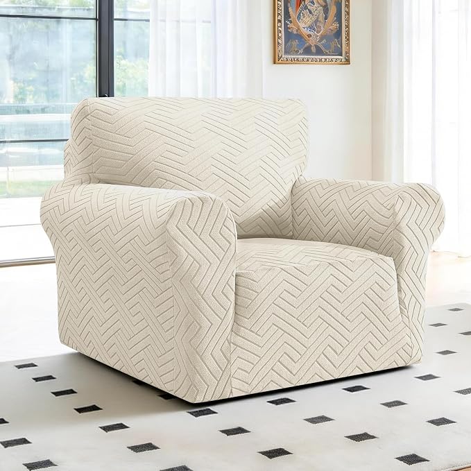 Stretch Sofa Cover Non-Slip Washable Furniture Protector | Stretch, 31"-46".Soft, Non Skid Foam, Elastic Bottom, Machine Washable, for Kids & Pets, Couch & Sofa, Beige White - Image 2