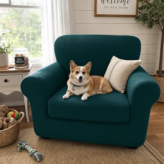 XINEAGE 2026 New 2 Piece Chair Cover with Arms Super Stretch Chair Slipcover for Living Room Pet Dog Universal Slip Cover Anti Slip Armchair Furniture Protector (Blackish Green), 31"-46"(1 Cushion) - Image 3