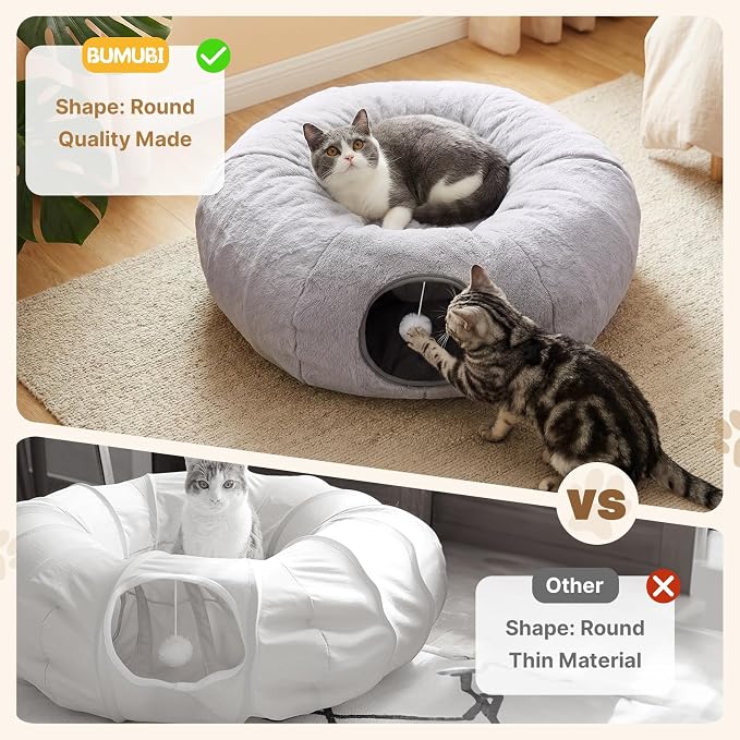 Cat Tunnel Bed for Indoor Cats, 31.5in Round Cat Tunnel for Small Cats, Cat Donut Tunnel with Washable Plush Mat, Collapsible Tunnel Hideplace for Kittens, Squirrels Grey - Image 2