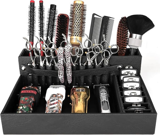 Barber Organizer Tray, 13.9 x 11.2 x 4.4 inch Adjustable Station for Clippers & Guards Scissors, Multifunctional Non-slip Barber&Salon Hair Tools Holder, with PU Leather Exterior Hairdressing Case by WelcometoBarberTop