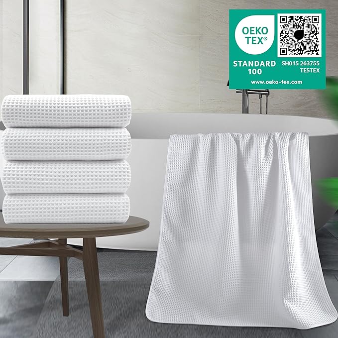 POLYTE 430 GSM Microfiber Oversize Quick Dry Lint Free Bath Towel, 60 x 30 in, 4 Pack (Waffle Weave) - Image 2