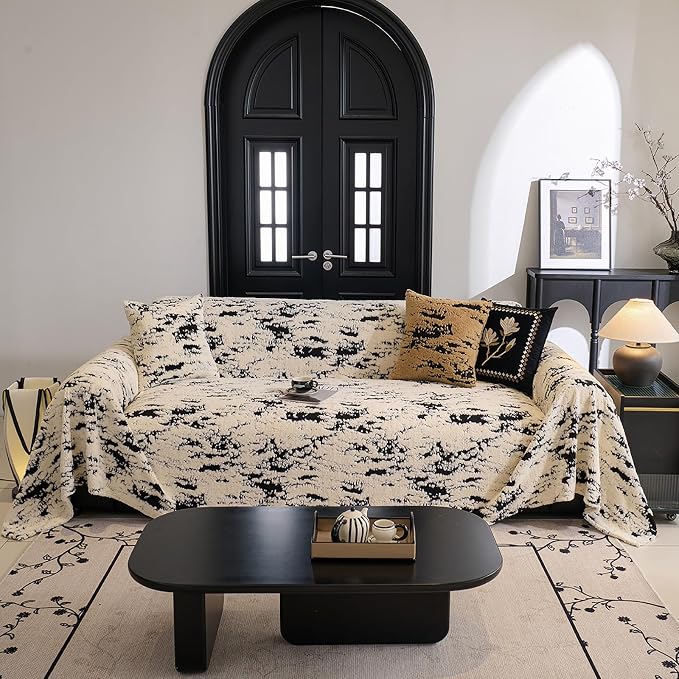 ROOMLIFE Striped Boho Couch Cover, Black, 71''X134 | 3 Cushion Sofa, Fuzzy Plush Warm, Non Slip Washable, Soft with Tassel, Winter - Image 2
