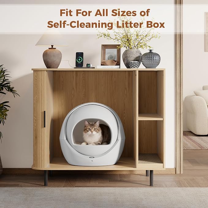 Large Cat Litter Box Enclosure with Scratch Pad, 42.6'' Hidden Litter Box Furniture for Automatic self-Cleaning Litter Boxes, Sliding Door, Adjustable Shelf for Dog Proof, Charging Station, Natural - Image 3