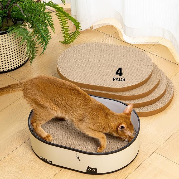 Conlun Cat Scratcher Box with 4 Cat Scratching Board Reversible Cat Scratch Pad, Heavy Duty Corrugated Cardboard Cat Bed Lounger Cat Scratchers for Indoor Cats, Protects Furniture,Kittens Gifts-Large by Conlun