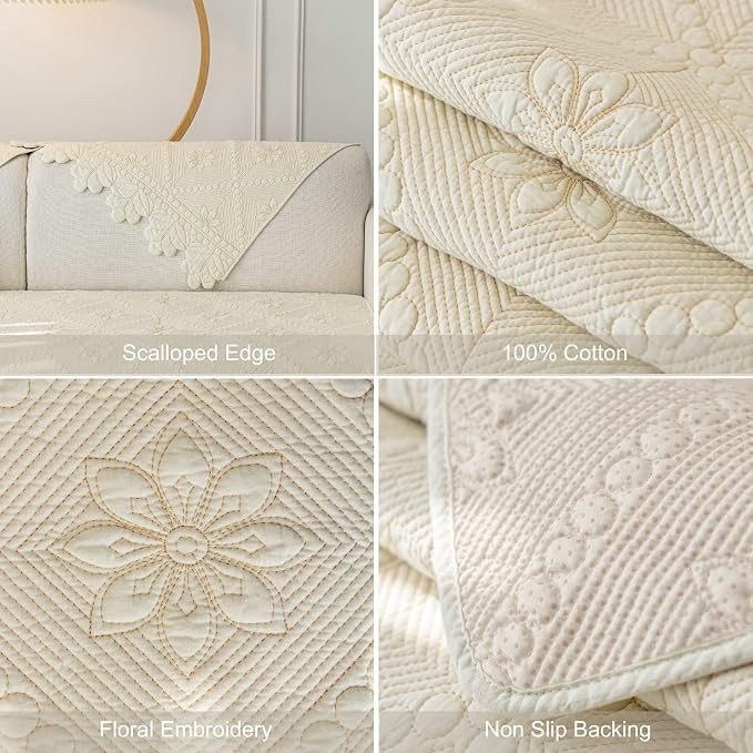 Cotton Quilted Dog Couch Cover for Sofa Farmhouse Rustic Embroidery Sectional Couch Cover Soft Anti-Slip Sofa Slipcover Furniture Protector for Kids, Pets (Ivory,43"x43") - Image 7