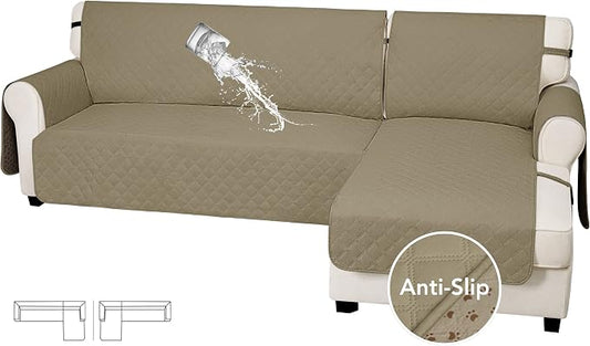 Easy-Going Waterproof Sectional Couch Covers with Chaise 2-Piece Non Slip L Shape Sofa Cover for Dogs Leakproof Furniture Protector Cover with Adjustable Strap for Pets (Small, Beige) by Easy-Going