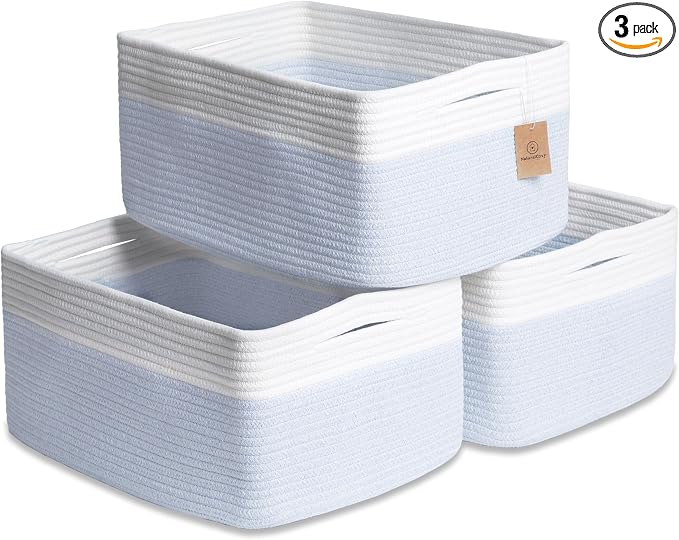 NaturalCozy Storage Baskets 16.8”x13”x7.6” Cotton Rope Woven Baskets for Organizing 3-Pack | Toy Storage Bins | Basket for Shelves, Laundry, Blanket, Clothes, Closet, Kitchen, Bathroom, Gifts by NaturalCozy