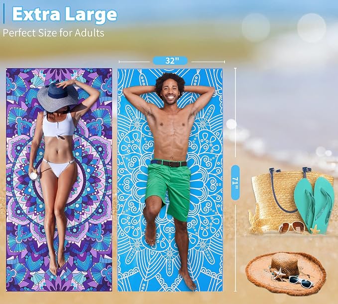 4 Pack Microfiber Oversized Lightweight Beach Towel 71"x32" XL Extra Large Thin Sand Free Towels Travel Swim Pool Yoga Gym Camping for Adults Women Men Beach Essentials Accessories Vacation Gift - Image 3