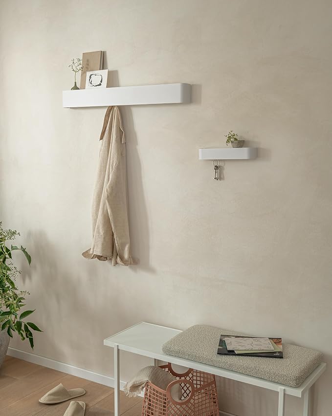 Kazai. Coat Rack Wall Mount with Shelf 'Tone' | Modern Design Coat Hanger with Hidden Hooks and Storage | Hat Rack with Shelf in Metal | Wall-Mounted Purse Organizer | White - Image 4