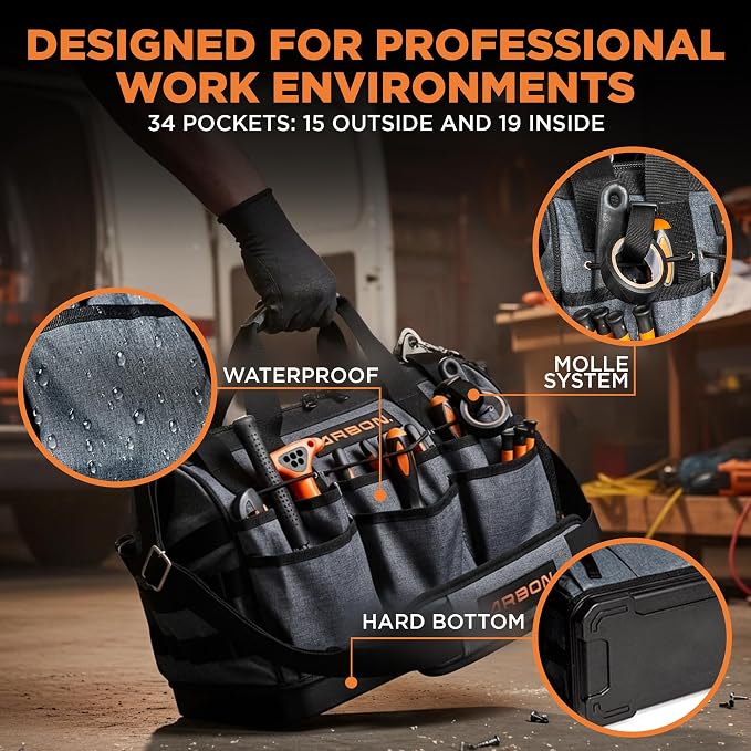 Arbon Electrician Tool Bag, Heavy Duty Tool Organizer, 34 Pockets, 52+ lb | Large storage for men, 5-layer reinforced walls, metal frame, hard molded base, water resistant polyester PP plastic, gray - Image 5