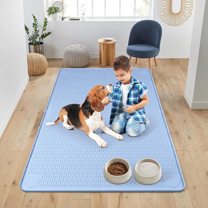 Dog Food Mat 50''x35'' Extra Large Dog Mat for Food and Water, Blue | Silicone Dog Bowl Mat with Raised Edge, Waterproof Non-Slip Pet Feeding Mat for Floors, fit for Dog Cat Bowls - Image 6