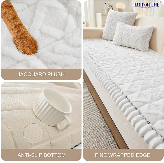 HANDONTIME Fuzzy Plush Couch Covers for Dogs Pet-Friendly Sofa Cover with Jacquard Geometric Design Washable Pet Couch Covers Thick Non-Slip Sofa Protector for Dogs, Cats, Kids (White, 27.6" x 59.1") - Image 3